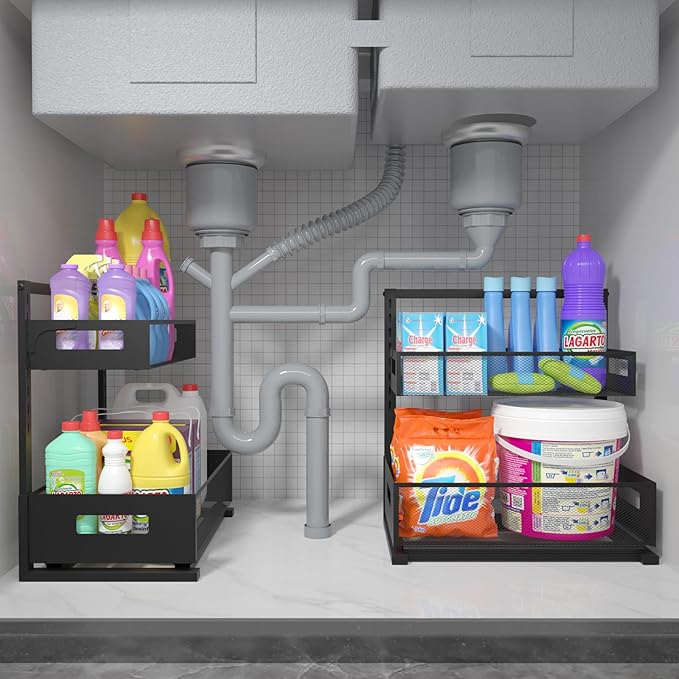 Organizer and Storage for Kitchen, Bathroom, Under Sink, Upgraded Guide Rail Design Smoothly Pulls Out Cabinet Organizer and Slides Out Sink Shelf Cabinet Storage Shelves L