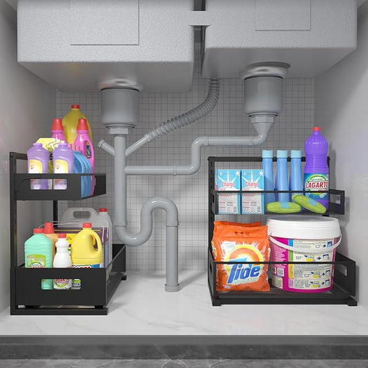 Organizer and Storage for Kitchen, Bathroom, Under Sink, Upgraded Guide Rail Design Smoothly Pulls Out Cabinet Organizer and Slides Out Sink Shelf Cabinet Storage Shelves L