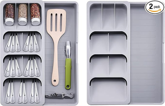2pcs Expandable Kitchen Drawer Organizer, Adjustable Cutlery Trays and Utensil Holder, Kitchen Drawer Dividers Storage for Silverware, Flatware, Knives, Spoons, Gray