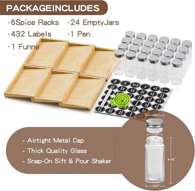 MinBoo Bamboo Spice Drawer Organizer with 24 Spice Jars, 432 Spice Labels with Chalk Marker and Funnel Complete Set, Kitchen Drawer Seasoning Organizer,6 Pack Spice Rack Tray Inserts for Flexible