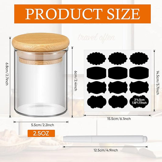 Roshtia Glass Spice Jars with Bamboo Airtight Lids Labels and Chalk Marker Food Storage Container Clear Spice Storage Bottle for Kitchen, Herbs, Seasoning, Seed, Tea, Sugar (12 Pcs,2.5 Oz)