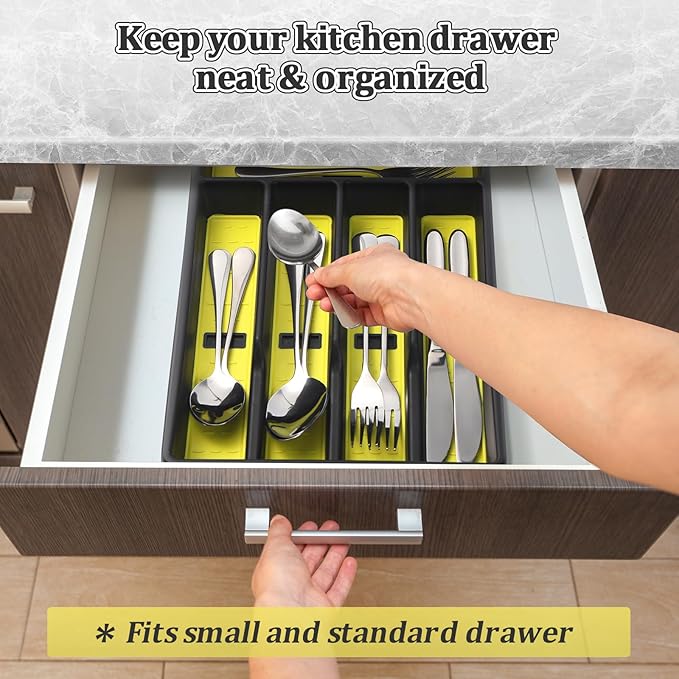 Silverware Organizer with Cutlery Icons，Silverware Tray for Kitchen Drawer，Plastic Flatware Tableware Cultery Drawer Organizer Utensil Organizer with Non-slip TPR Linings，5-Compartment，Yellow