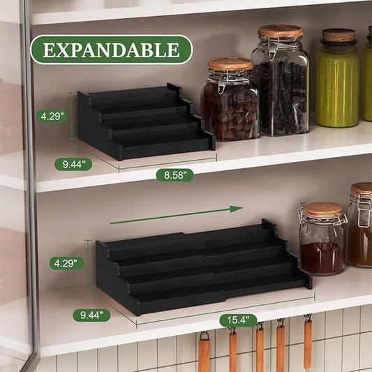 Spice Rack Organizer for Expandable 4-Tier, 2 Pack Adjustable Bamboo Spice Storage for Kitchen Cabinet, Pantry and Countertop Organization, Black