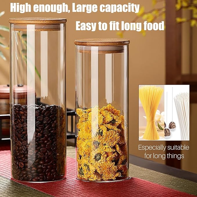 Glass Food Storage Jars with Airtight Lids, 33 oz Tall Clear Glass Jar with Bamboo Lid, Airtight Food Canister for Pasta, Candy, Coffee, Sugar, Cookie, Snack. (Round | 10+11 Inch)