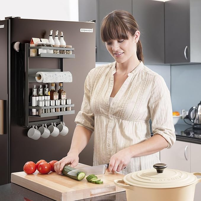 Magnetic Spice Rack For Refrigeratorwith 8-Hook，Magnetic Paper Towel Holder ，with Strong Adhesion, Rust-Proof & Space-Saving Design for Kitchen, Bathroom