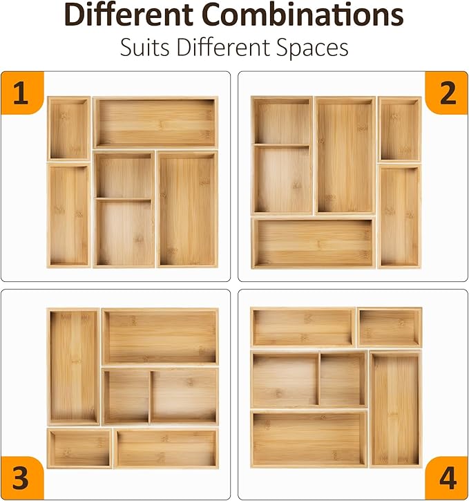 Bamboo Drawer Organizer Boxes Set, 5-Piece Multi-use Drawer Dividers Storage Trays for Kitchen Utensils, Makeup Jewelry, Office Supplies