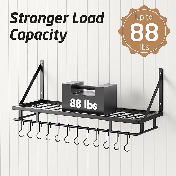 KES 30-Inch Kitchen Pan Pot Rack Wall Mounted Hanging Storage Organizer Wall Shelf with Hooks Matte Black, KUR215S75A-BK