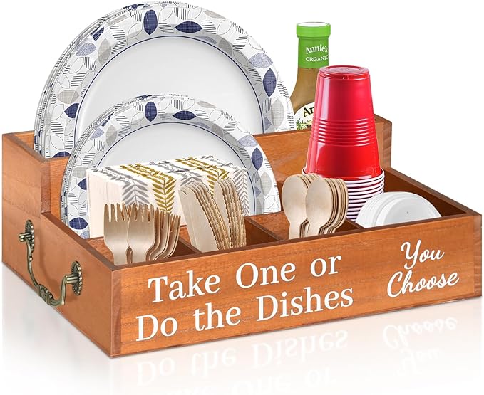 Wooden Paper Plate Dispenser for Counter,Paper Plate Holders with Handles,Paper Plate Caddy Organizer for Parties,Picnic,BBQ,Utensil Holder Organizer for Plate Cup Fork Spoon Napkin (Brown)