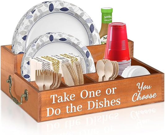 Wooden Paper Plate Dispenser for Counter,Paper Plate Holders with Handles,Paper Plate Caddy Organizer for Parties,Picnic,BBQ,Utensil Holder Organizer for Plate Cup Fork Spoon Napkin (Brown)