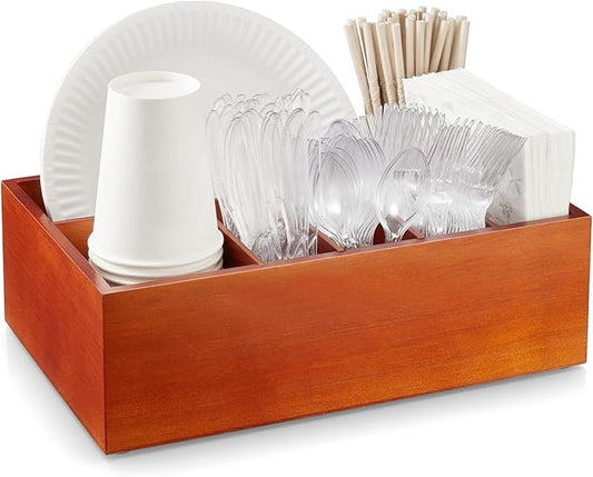 Paper Plate and Utensil Caddy for Party - Wooden Paper Plate Organizer for Countertop - Silverware Caddy with 6 Compartments for Cup Fork Spoon Napkin - Cutlery Holder for Kitchen Camping Buffet