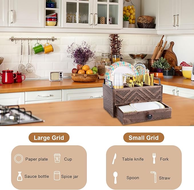 Paper Plate Dispenser with Drawer, country style Wood Kitchen Counter, Picnic, Party, Camping - Caddy Organizer for Cups, Spoons, Forks, Plates, office supplies, Napkins & Silverware