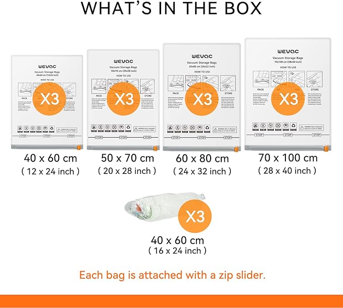 [2024 NEW] 15 Pack Vacuum Storage Bags (3 Jumbo/3 Large/3 Medium/3 Small/3 Roll) | Space Saver | Rapid Vacuum | Double Zip Seal | Clip Stopper | Ideal for Clothes, Blankets Compression and Travelling