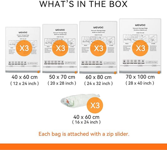 [2024 NEW] 15 Pack Vacuum Storage Bags (3 Jumbo/3 Large/3 Medium/3 Small/3 Roll) | Space Saver | Rapid Vacuum | Double Zip Seal | Clip Stopper | Ideal for Clothes, Blankets Compression and Travelling