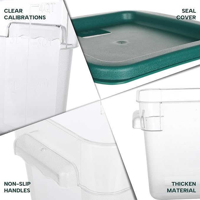 4 Pack Food Storage Containers with Lids, 4 Quart Square Commercial Food Containers, NSF, Polycarbonate, Clear