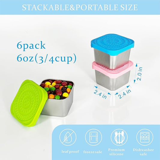 F.Y.Dreams 304 Stainless Steel Snack Containers for Kids, (6oz, Set of 6) Stackable Small Food Containers with Leakproof Silicone Lids, Metal Toddler Lunch Boxes for Daycare and School