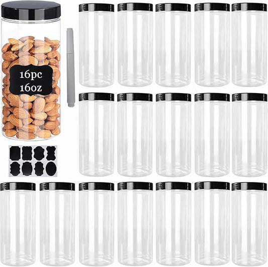 16 Pack 16 oz Plastic Storage with Lids,Airtight Clear Reusable Food Storage Jars for Kitchen Pantry Organization,BPA-Free Dry Food Canisters(Transparent)
