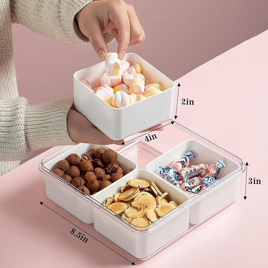 Eanpet Divided Serving Tray with Lid 4 Compartment Veggie Tray Portable Square Snackle Box Stackable Travel Snack Platters Charcuterie Food Storage Containers for Fruit,Vegetable,Salad