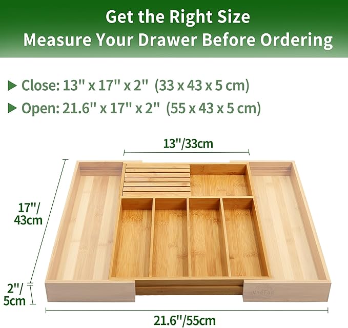 VaeFae Bamboo Silverware Drawer Organizer Kitchen, Expandable Utensil Organizer with Knife Block, Cutlery Tray with Divider, Multifunctional Wooden Drawer Organizer