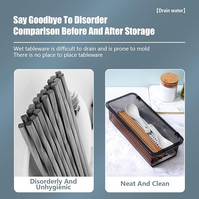 SUNSHNO 2PCS Flatware Tray with Lid and Drainer, Tableware Utensil and Cutlery Drawer Organizer with Lid Covered Silverware Tray to Keeps Your Cutlery Organized and Protected