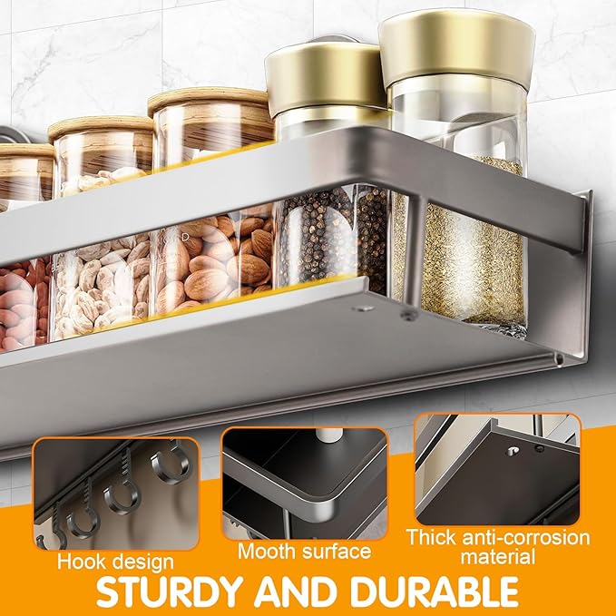 ONXE Suction Cup Spice Rack,2 Pack No-trace Seasoning Organizer with 5 Hook Rack/Hangers for Walls,Refrigerator,Oven,Cabinet,No Damage Pantry Organizers and Storage Shelf,Home and Kitchen Gadgets