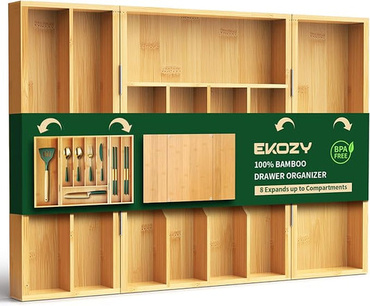 100% Bamboo Kitchen Drawer Organizer, 180° Flip Lid Feature Silverware Organizer for Cutlery Utensil, Cutlery Tray, 8 Slots with Dividers, Waterproof, Non-Slip, for Farmhouse to Modern Kitchen