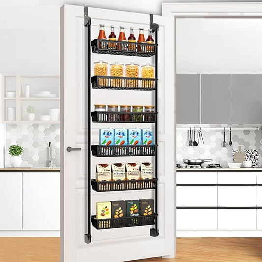 Pantry Door Organizer, 6-Tier Adjustable Over the Door Pantry Organizer Rack, Heavy Duty Metal Over the Door Spice Rack, Kitchen Pantry Organizers and Storage (7.6" D x 17.91" W x 63.39" H)