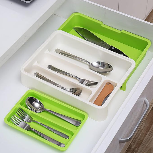 HornTide 3-in-1 Cutlery Tray Expandable Utensils Holder Plastic Kitchen Drawer Organizer for Silverware Storage and More - Green