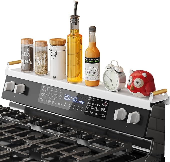 Magnetic Stove Top Shelf Spice Rack Organizer - Adjustable (16.9" to 30") Over the Kitchen Oven Shelf for Back of Stove, White