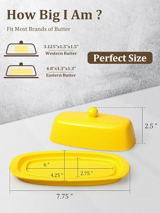 Yedio Ceramic Butter Dish with Lid for Countertop Refrigerator, 8 Inch Butter Holder with Porcelain Cover Knob Handle for East West Coast Butter Stick, Yellow