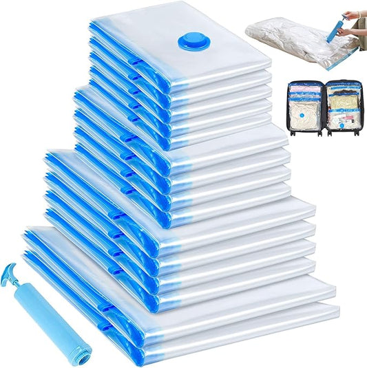 15 Pack Vacuum Storage Bags,Vacuum Seal Bags for Clothing with Hand Pump, 2 Jumbo+4 Large+4 Medium+5 Small, 80% Space Saver Bags for Clothes, Pillows, Comforters and Blankets, Home Travel Essentials