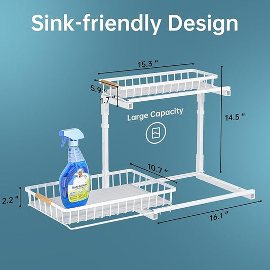 Delamu Metal Under Sink Organizer, Pull Out Cabinet Organizer, Slide Out Under Sink Storage Shelf, Undersink Organizers Shelves for Kitchen Bathroom Pantry