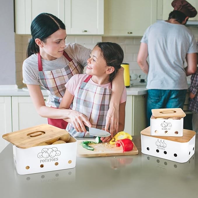 3 Pack Potato Onion Garlic Storage Set, Iron Vegetable Storage Bins with Holes Bamboo Lids, Stackable Kitchen Organization Container Storage Tin for Countertop Pantry