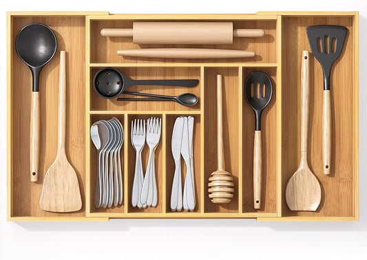 Bamboo Utensil Organizer for Kitchen Drawers, Utensil Tray and Cutlery Silverware Holder,Wood Drawer Dividers with 9 Slots