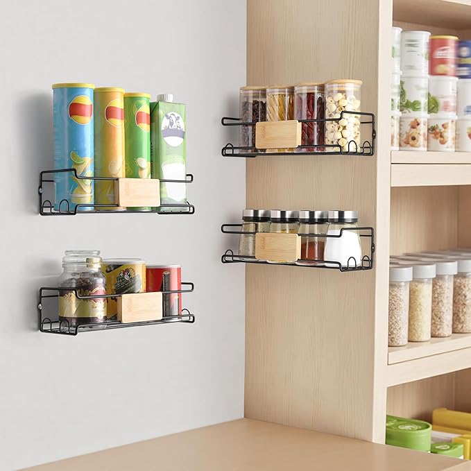4-Pack Wall Spice Rack - Matte Black Spice Organization for Cabinet with Bamboo Plank - 2 Mounting Options Floating Shelves for Kitchen, Bathroom, Laundry Room, Pantry Organizers and Storage