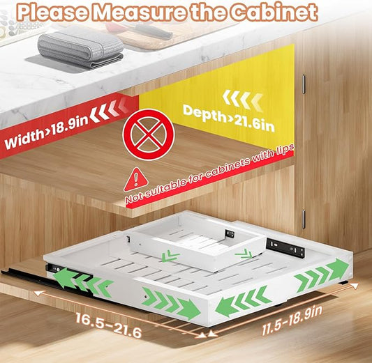 1 Pack Pull out Cabinet Organizer, Width (11"-19") Depth (16"-22"), with 3 Rails Adjustable Slide, Expandable Pullout Drawers for Cabinets, No Drill Adhesive Kitchen Drawers for Shelves