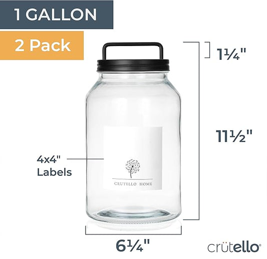 Crutello Large 1-Gallon Glass Canisters Set - 2 Pack, Black Stainless Steel Airtight Lids & Labels - Cookie Jar, Glass Jar for Laundry Room, Food Storage Containers, Kitchen Canister