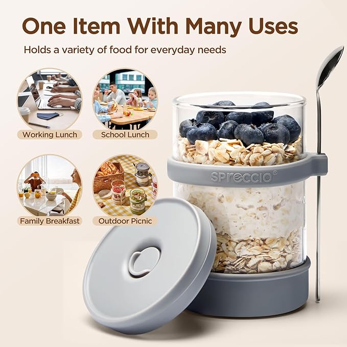 Glass Overnight Oats Containers with Lids of Silicone and Spoon 16 oz [2 Pack], Airtight Overnight Oats Jars with Silicone Lid, For Yogurt Containers Chia Pudding Jars Snack Spice (Grey)