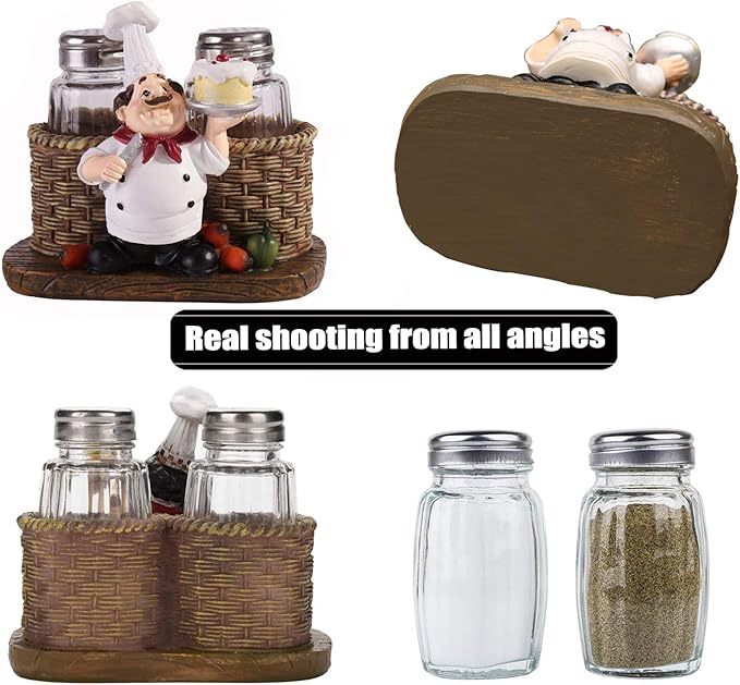 Salt and Pepper Shakers Set,Sitting Chef Decorative Statue Spice Organizer,Glass Spice Jars with Holder Figurine Gift for Family,Kitchen,Restaurant, Cafe,Bakery (Cake)