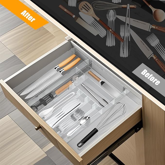JYPS Silverware Organizer - Expandable Kitchen Drawer Organizer, Adjustable BPA Free Utensil Organizer, Cutlery Drawer Organizer for Forks, Knives, Clear Large
