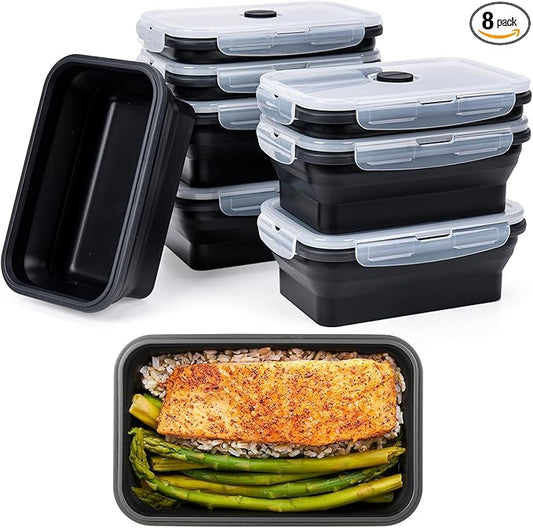 Collapsible Food Storage Containers with Lids, 8 Pack, 27 oz Silicone 1-Compartment Meal Prep Containers Reusable, Lunch Bento Boxes for Adults, Microwave Freezer Dishwasher Safe, BPA-Free, Black
