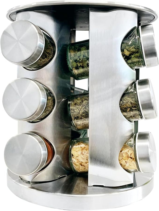 Rotatable Stainless Steel Spice Seasoning Organizer Rack with 12 Glass Jars, Ideal for Storing Spices, Salt, Pepper, Sugar and Dry Ingredients