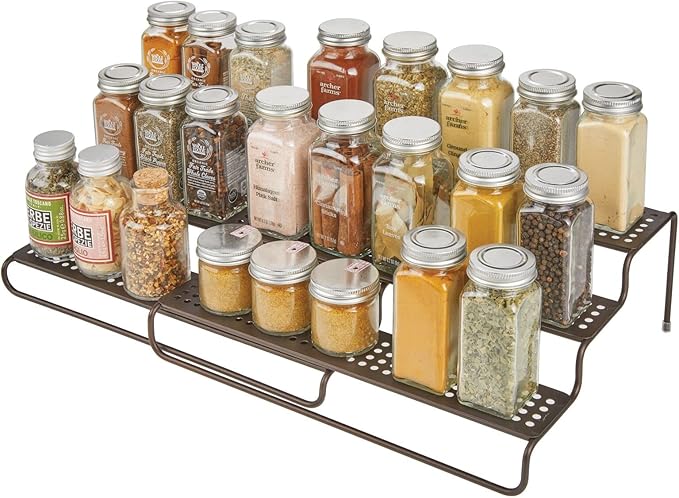 mDesign Adjustable, Expandable Metal Wire Kitchen Spice Rack - Storage Organizer Holder for Cabinet, Cupboard, Pantry, or Countertop - 3 Levels - Up to 25" Wide - Concerto Collection - Bronze