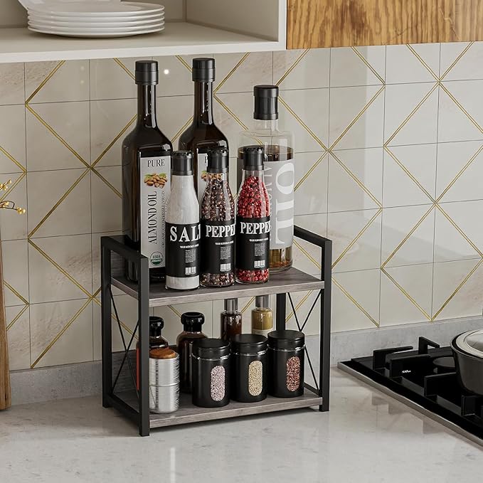 Giikin Countertop Shelf Organizer, 2 Tier Kitchen Spice Rack Organizer for Countertop, Wood Coffee Counter Shelf Organizer for Home (Grey, S)