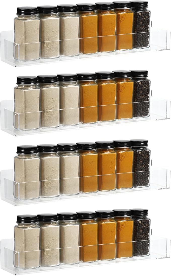 uxcell Acrylic Spice Rack Wall Mount, 4 Set Acrylic Spice Shelf Organizer, Hanging Seasoning Jar Storage Holder, Clear Display Rack for Kitchen Wall Cabinet Door