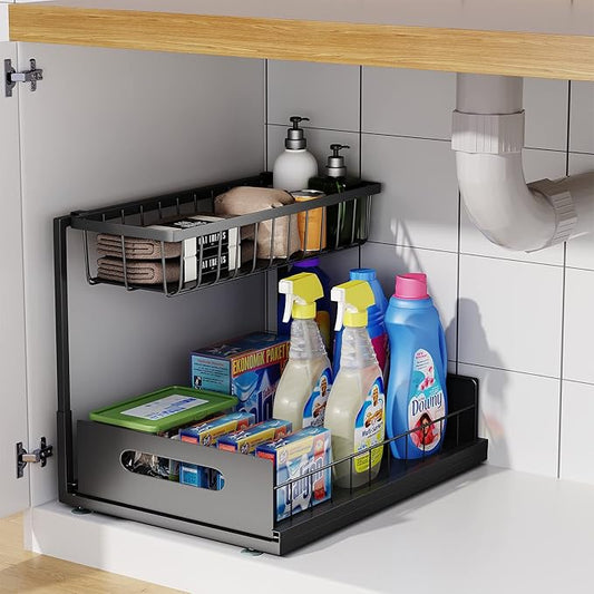 Under Sink Organizer, 2 Tier Under Sink Organizers and Storage Multi-Purpose Under Sink Storage for Bathroom Kitchen (Black)