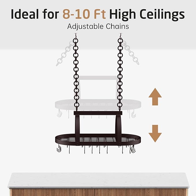 KES 34 Inch Oiled Bronze Hanging Pot Rack, Heavy Duty Oval Pot and Pan Hanging Rack Ceiling Mount, Pot Pan Hangers for Kitchen with 20 Hooks, (For 16" and 24" Stud Mount), KUR221S85-OB