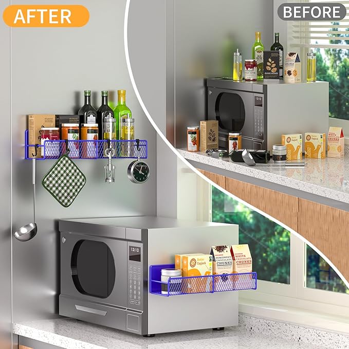 Magnetic Spice Rack for Refrigerator, 2 Pack Metal Magnetic Shelf, Moveable Spice Organizer with Hooks, Super Magnetic Fridge Shelf for Kitchen Organization and Storage, Purple Blue