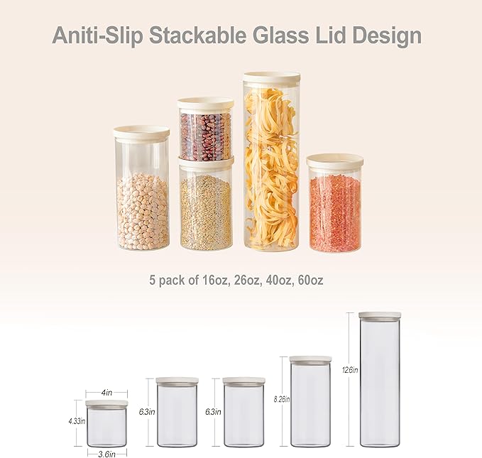 Urban Green Glass Food Storage Jar with Glass Lid, Food Canister Set with Airtight Lids, Pantry Jars for Kitchen Organization, Glass Food Storage Containers in Set of 5
