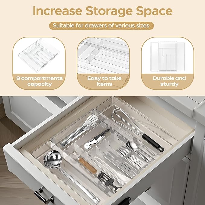 JYPS Silverware Organizer - Expandable Kitchen Drawer Organizer, Adjustable BPA Free Utensil Organizer, Cutlery Drawer Organizer for Forks, Knives, Clear Large