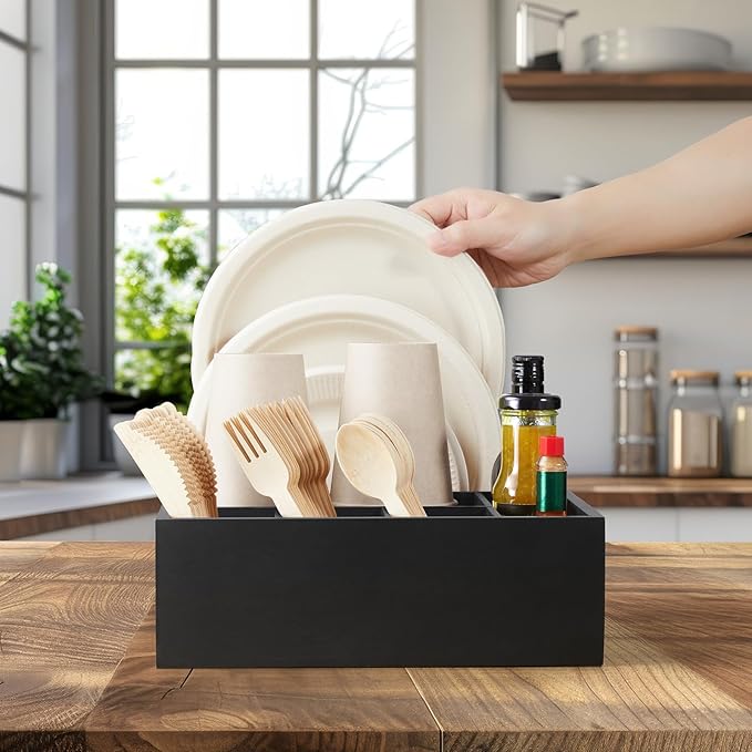 Black Wood Utensil Holder for Party - Paper Plate Organizer for Countertop - Silverware Caddy with 6 Compartments for Plate Cup Fork Spoon - Cutlery Holder for Kitchen Camping Buffet